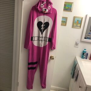 Pink and white Fortnite pajama hooded jumpsuit costume